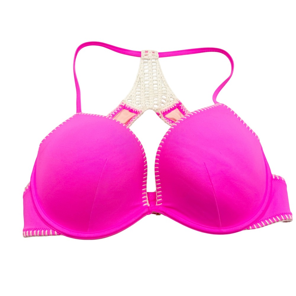 Victoria's Secret Neon Pink Crochet Racerback Push Up Bikini Top 38D